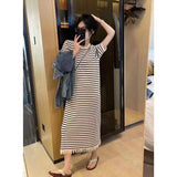 Black Knit Striped Dress Short Sleeve Women Dress maxi dress-2