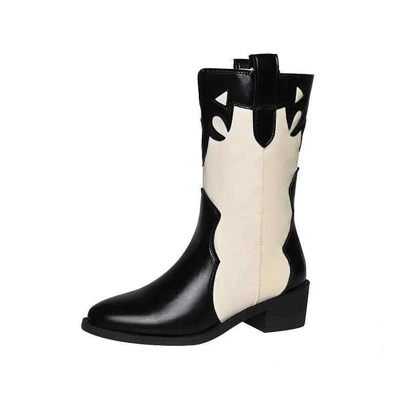 Black White Cowboy Boots Women Low Heel Mid Calf Shoes-Black and white-11