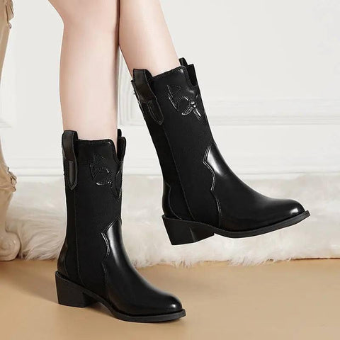 Black White Cowboy Boots Women Low Heel Mid Calf Shoes-Black plus velvet-3