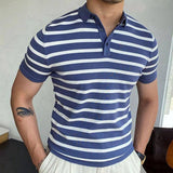 Blue Striped Business Polo Shirt For Men 0 LOVEMI    