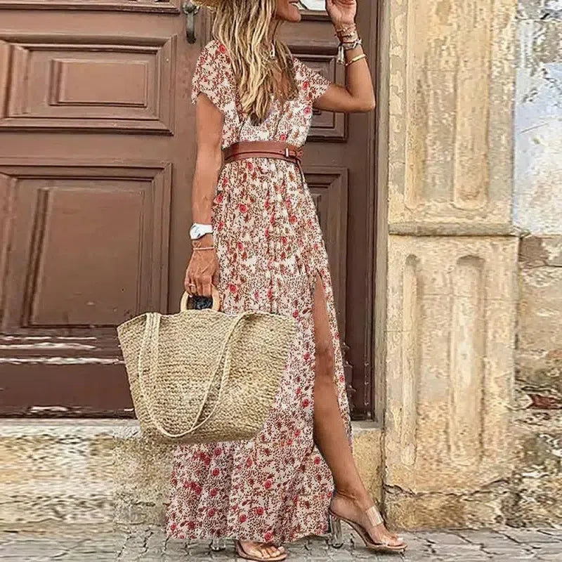 Boho V Neck Paisley Print Beach Long Dress with Belt - Embrace Summer in Style!-4