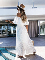 Boho White Eyelet Midi Dress - Off-Shoulder Summer Chic Maxi Dresses LOVEMI   