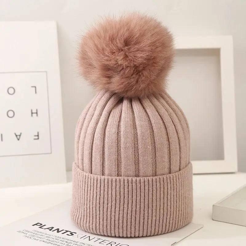 Boys And Girls Woolen Fox Fur Ball Knit Hat-Skinpink-4