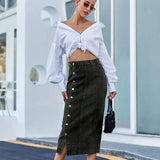 Button Irregular Slit Skirt Denim High Waist Long Skirt-1
