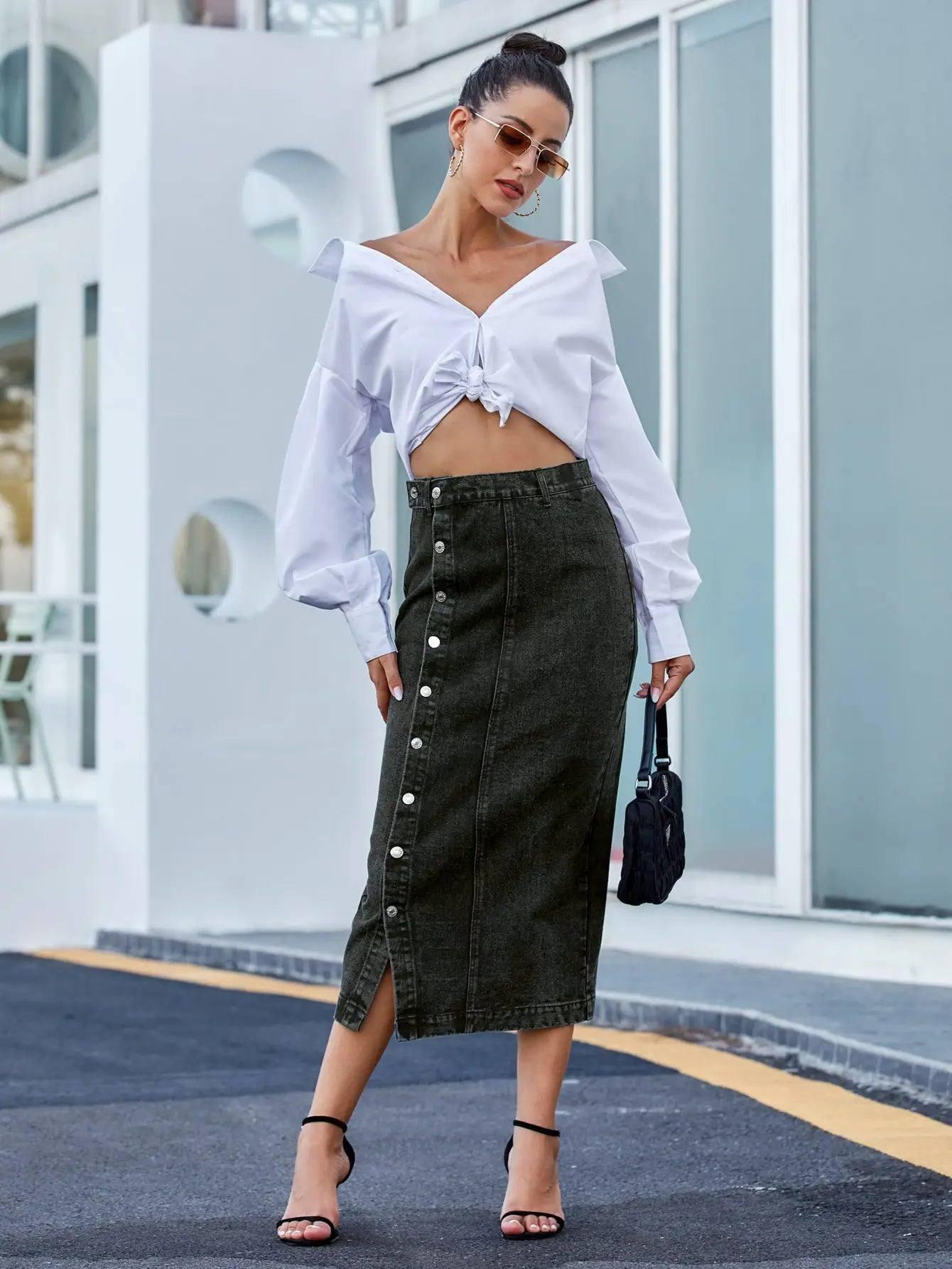 Button Irregular Slit Skirt Denim High Waist Long Skirt-2