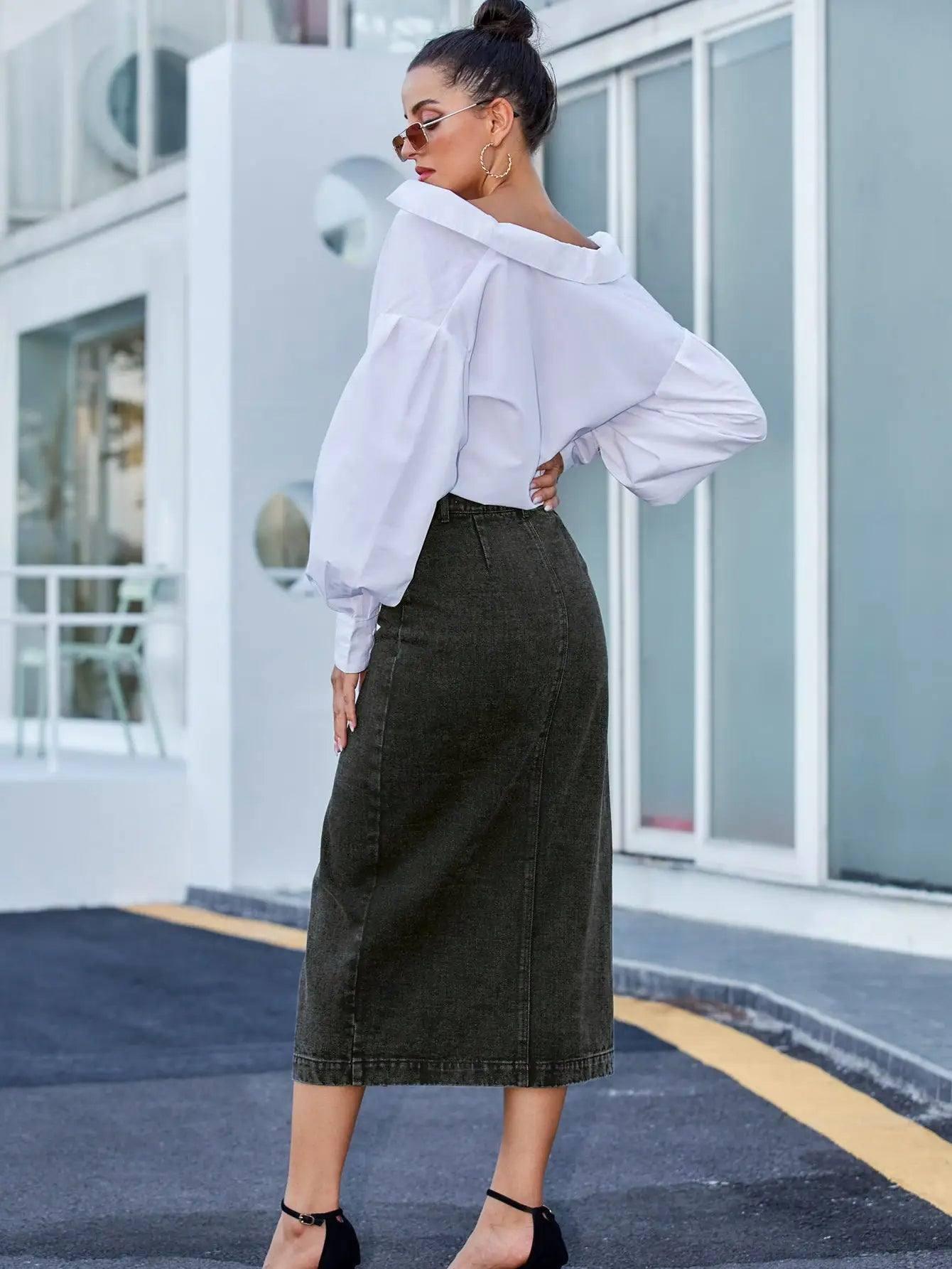 Button Irregular Slit Skirt Denim High Waist Long Skirt-3