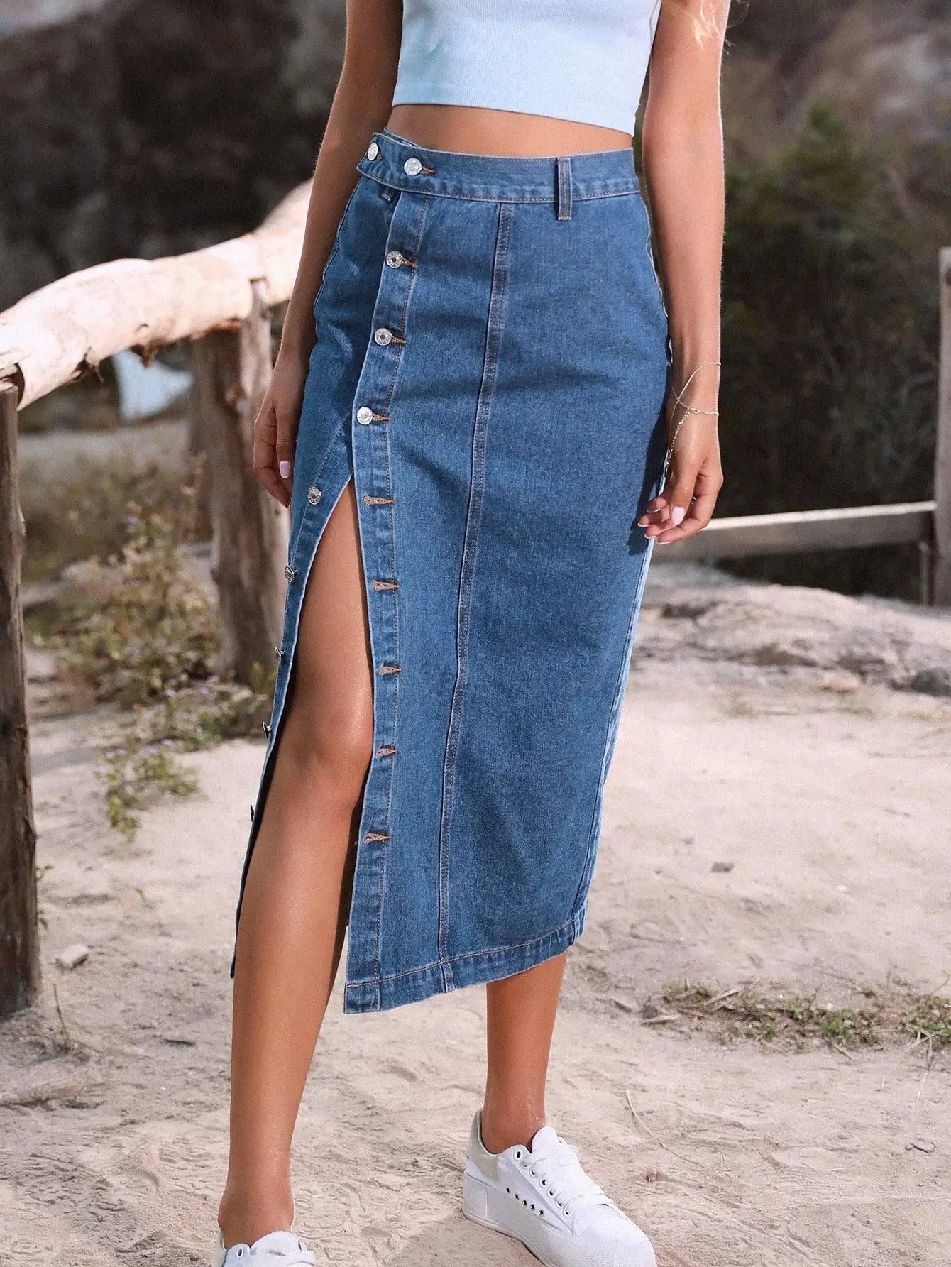 Button Irregular Slit Skirt Denim High Waist Long Skirt-Garment Wash Medium Blue-5