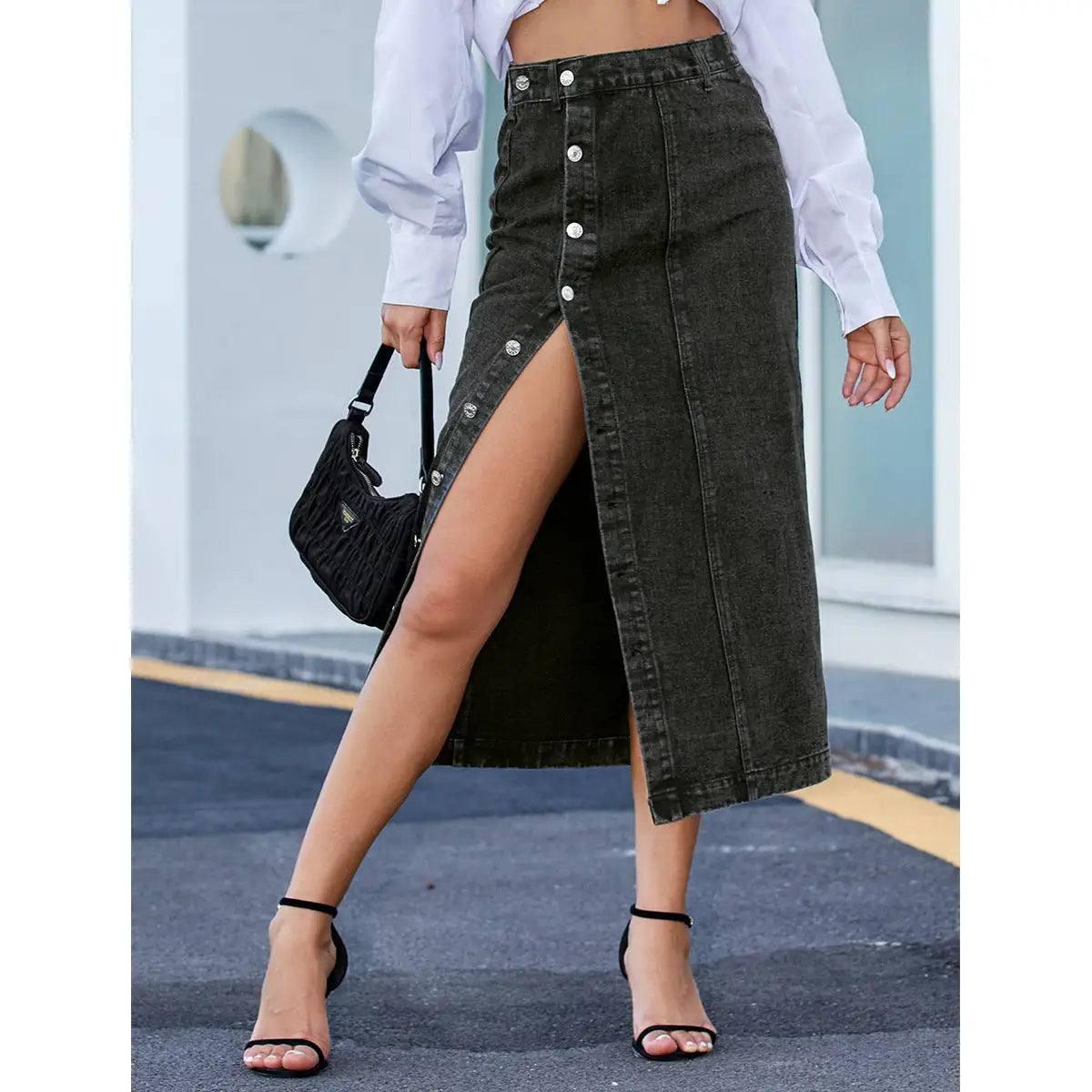 Button Irregular Slit Skirt Denim High Waist Long Skirt-Black-6
