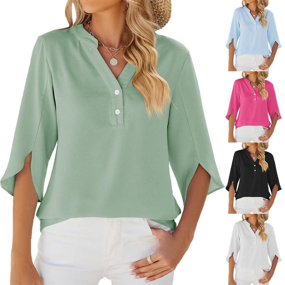 Button V-neck Mid-sleeve Chiffon Shirt Solid Color Top-1