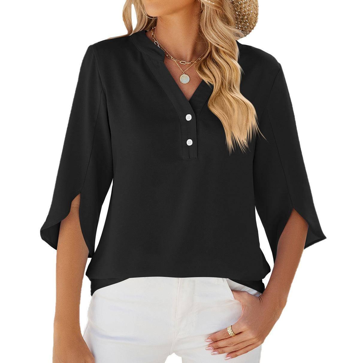 Button V-neck Mid-sleeve Chiffon Shirt Solid Color Top-Black-2