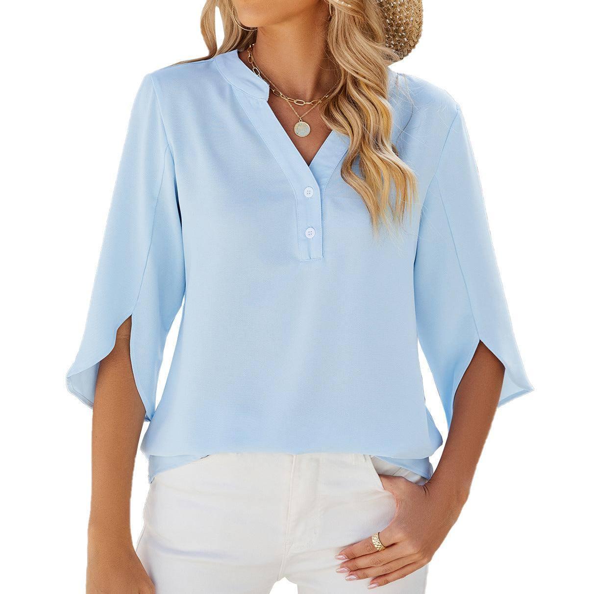 Button V-neck Mid-sleeve Chiffon Shirt Solid Color Top-Sky Blue-3