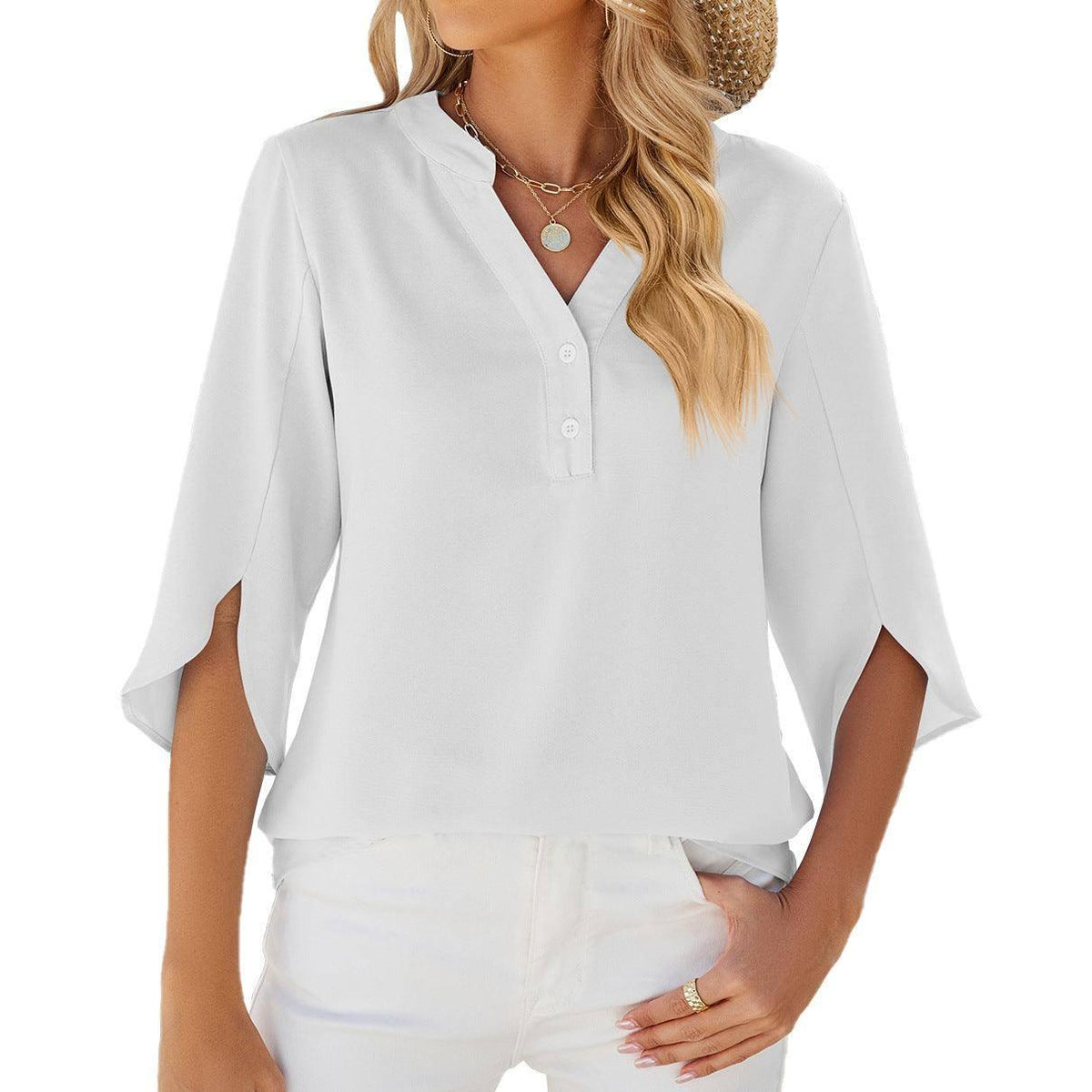 Button V-neck Mid-sleeve Chiffon Shirt Solid Color Top-White-4