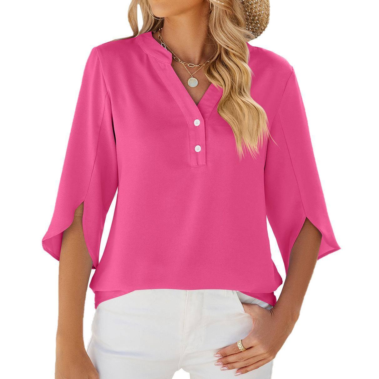 Button V-neck Mid-sleeve Chiffon Shirt Solid Color Top-Rose Red-5