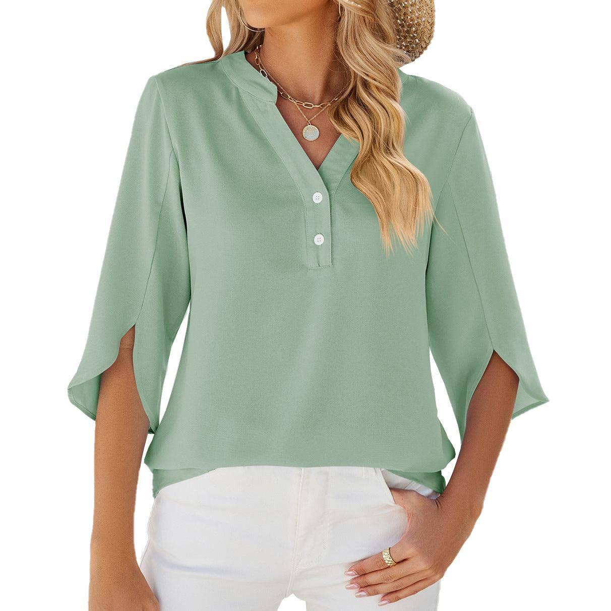 Button V-neck Mid-sleeve Chiffon Shirt Solid Color Top-Green-6