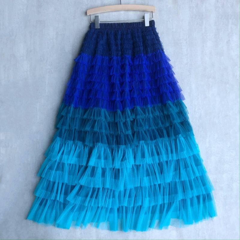 Cake Dress High Waist Contrast-color Ruffled Stitching-Blue-1