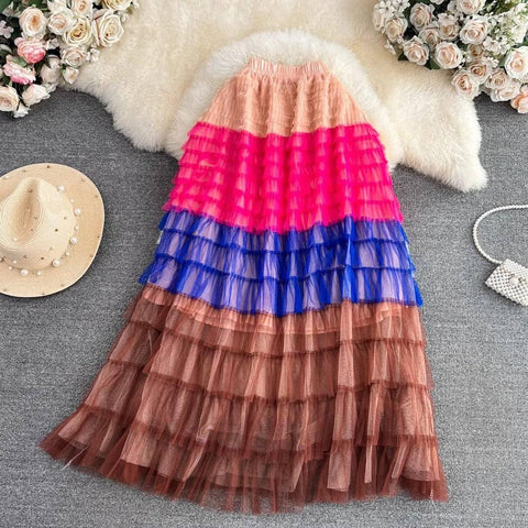 Cake Dress High Waist Contrast-color Ruffled Stitching-11