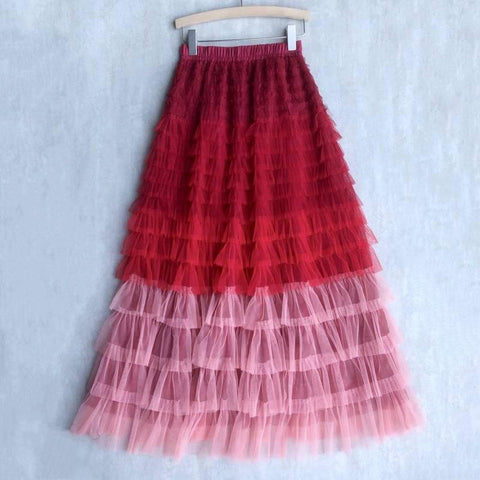 Cake Dress High Waist Contrast-color Ruffled Stitching-Red-6