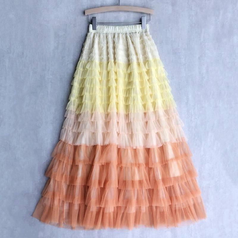 Cake Dress High Waist Contrast-color Ruffled Stitching-Yellow-7