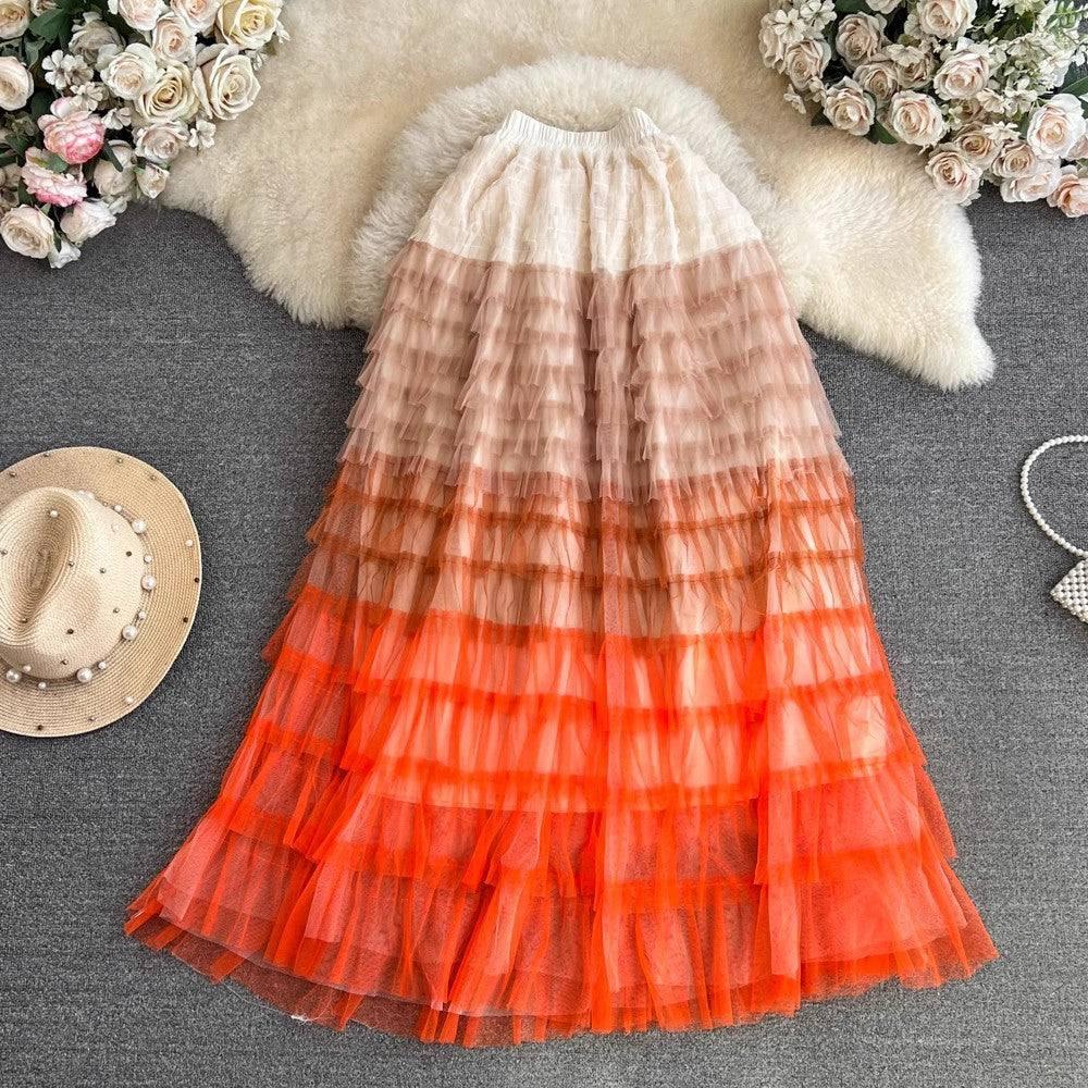 Cake Dress High Waist Contrast-color Ruffled Stitching-Orange-9