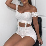 Card-shoulder mesh crop top hot pants two-piece suit-White-5