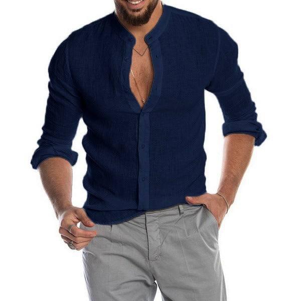 Cardigan Stand Collar Long Sleeve Shirt Men's Clothing-Dark Blue-5