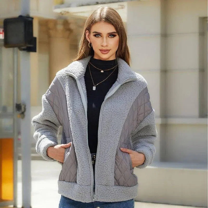 Cardigan Zipper Plush Stitching Women's Coat-Silver Gray-1