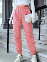 New Cargo Pants Fashion Casual Multi-pocket Elastic Waist Pencil Pants For Women-Pink-2