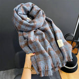 Cashmere Scarf Women's Check Thickened-Blue-3