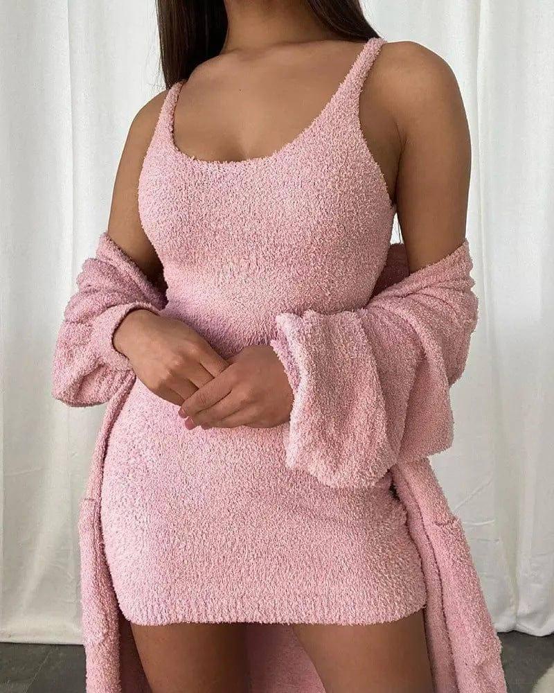 Casual Cotton Slip Dress Suit-Pink-6