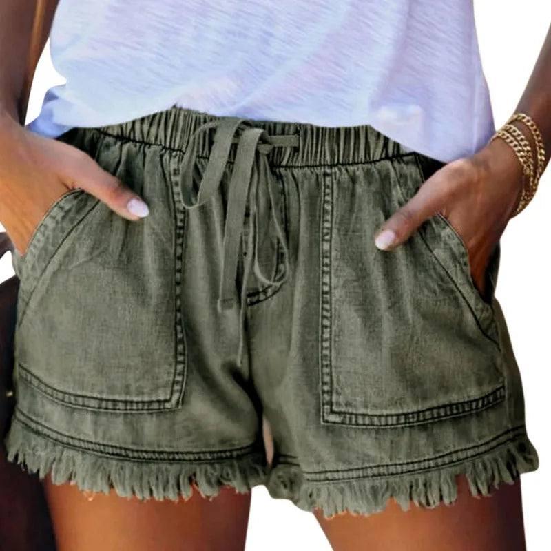 Casual Drawstring Elastic Waist Frayed Hem Loose Short Jeans-2