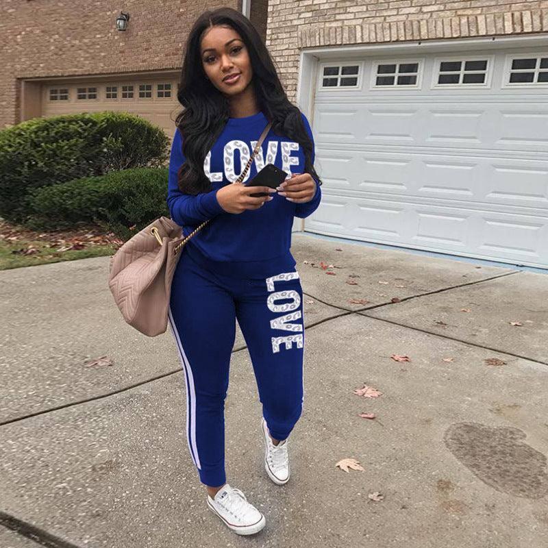 Casual Fashion Letter Printing Sports Suit-3 Blue-4