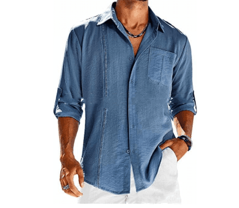Casual Long Sleeve Shirt With Pocket Lace Polo Collar Solid-Dark Blue-6