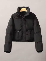 Casual Short Winter Jacket Women Stand Collar Zipper High-Black-3