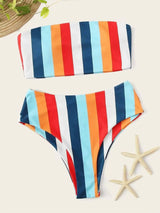 Chest Print Rainbow Striped High Waist Split Bikini-Color-2