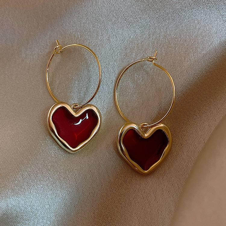 Chic Gold Heart Hoop Earrings for Romantic Outfit-Wine Red-1