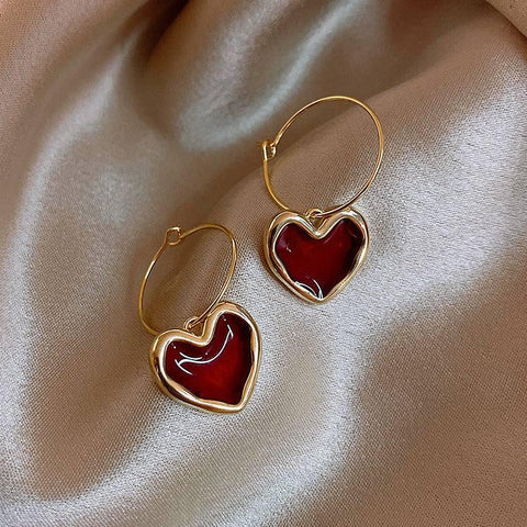 Chic Gold Heart Hoop Earrings for Romantic Outfit-Wine Red-2