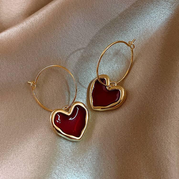 Chic Gold Heart Hoop Earrings for Romantic Outfit-Wine Red-3