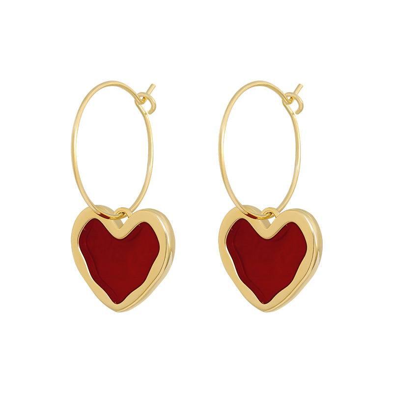 Chic Gold Heart Hoop Earrings for Romantic Outfit-Wine Red-5