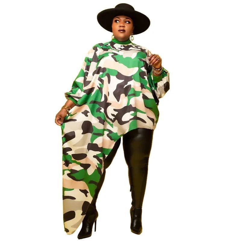 Chic Plus Size Camo Poncho & Faux Leather Pants-green-7