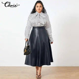 Chic Plus-Size Polka Dot Blouse and Leather Skirt-3