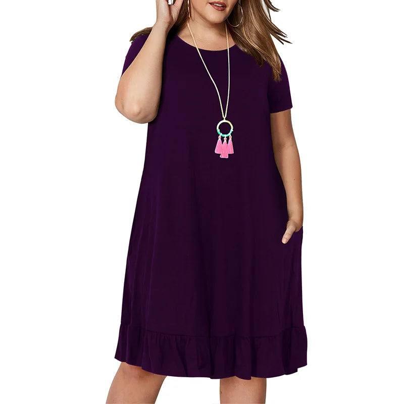 Chic Plus-Size Ruffle Hem Dress in Emerald Green-deep purple-6