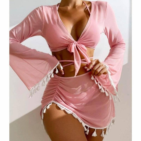 Chic Tassel Beachwear Sets: Trendy Tie-Front Cover-Ups-Pink-8