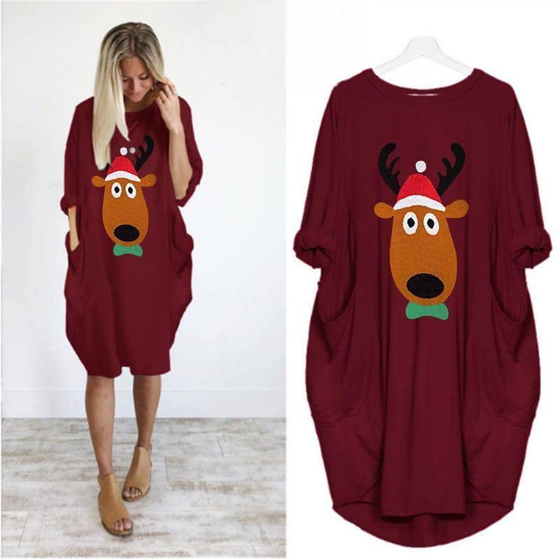 Christmas print sweater dress-Wine Red-1