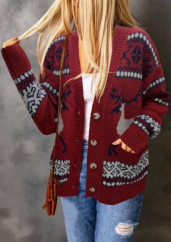 Christmas Sweaters Cardigan Coat-Red-2