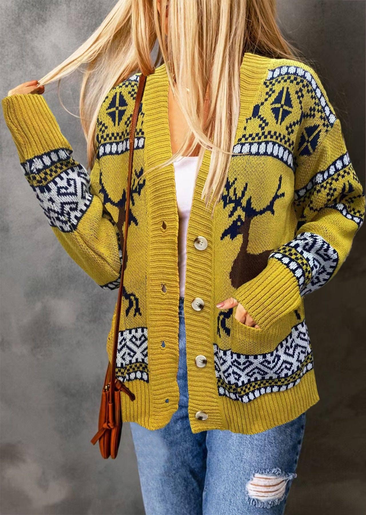 Christmas Sweaters Cardigan Coat-Yellow-3
