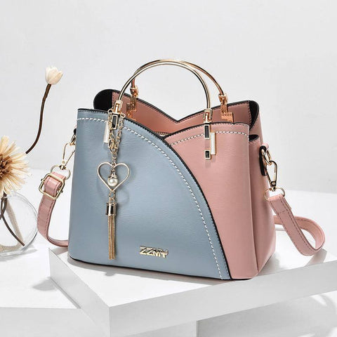 Color Block Handbag Love Tassel Decor Crossbody Bags For-Blue with pink-2