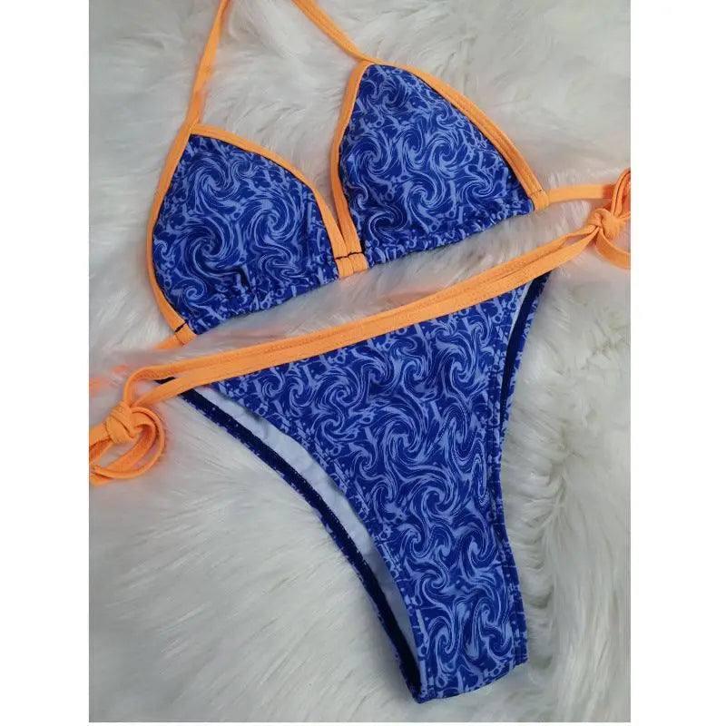 Color split swimsuit triangle bikini-Blue-1