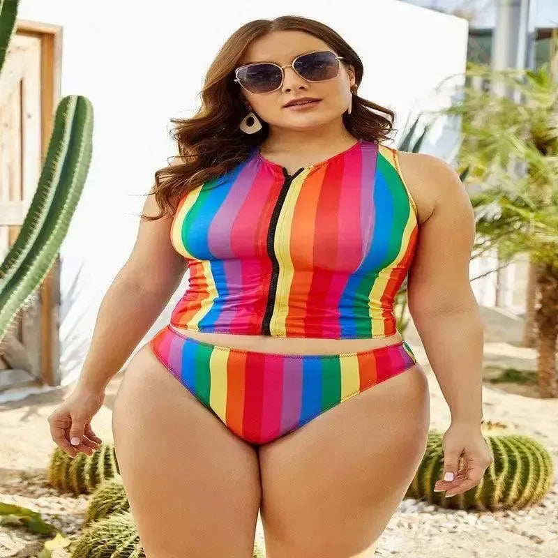 Color striped plus size swimsuit-Rainbow-2