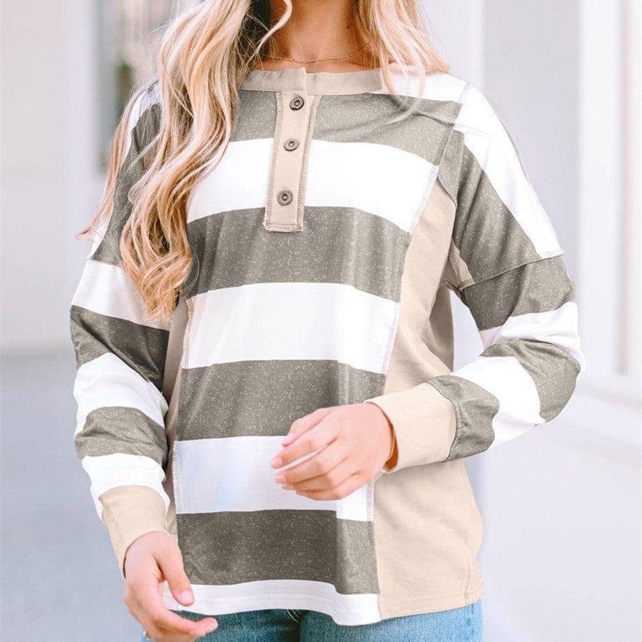 Colored Pullover Loose Casual Striped Printed Long Sleeves-Color-1