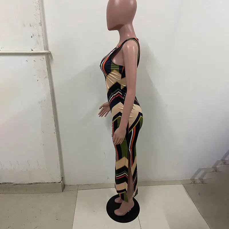 Colorful Striped Print Side Slit Maxi Dress Women Colorblock-3